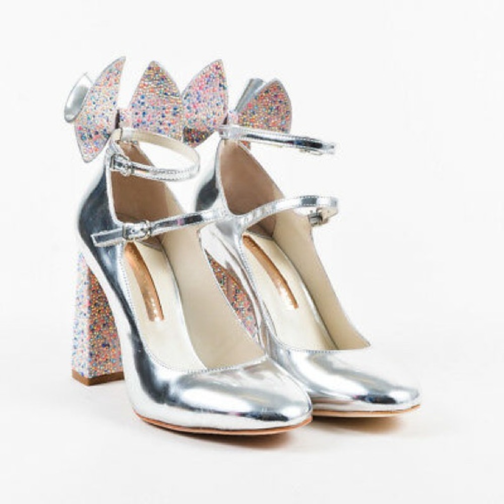 Sophia Webster Silver Mary Jane Heels with Multicolor Glitter Accents